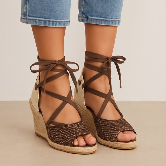 Apepazza espadrille beaded wedges. Lace up. boho summer. size 39 (US 8.5) - Picture 1 of 9